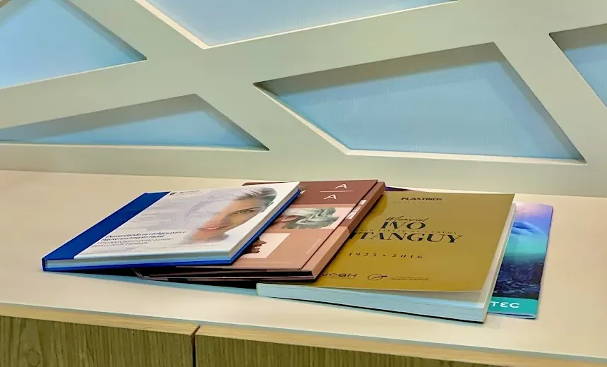 Livros sobre a bancada do consultório, diante da treliça iluminada; o de cima é o Memorial Ivo Pitanguy
